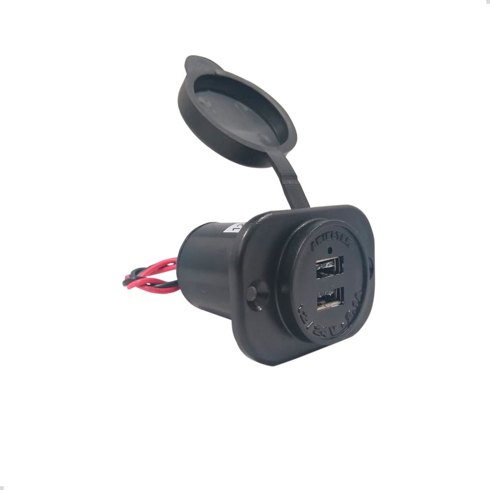 Carregador USB Náutico Redondo Preto 12-24 Volts Saída Dupla